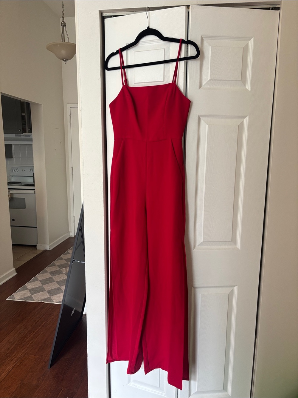 BCBGeneration Red Spaghetti-Strap Wide-Leg Jumpsuit